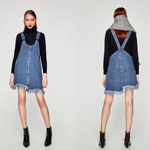 ZARA Asymmetric Overalls Dress Pinafore Denim Fringe xs